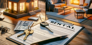 DALL·E-2024-01-29-14.50.31-A-split-image-illustrating-the-concepts-of-renting-buying-and-living-in-a-home-without-depicting-any-people.-The-left-side-shows-a-model-hous-e1706556239775-300x147 - MietenKaufenWohnen Split-Bild: Links ein Modellhaus mit warmem Licht, rechts ein Wohnraum mit Mietvertrag, Schlüsseln und Geld.